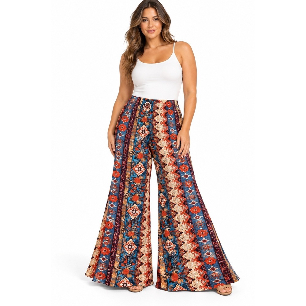 SHEIN Boho Floral Paisley Print Flare Pants Blue Orange Wide Leg Small 4